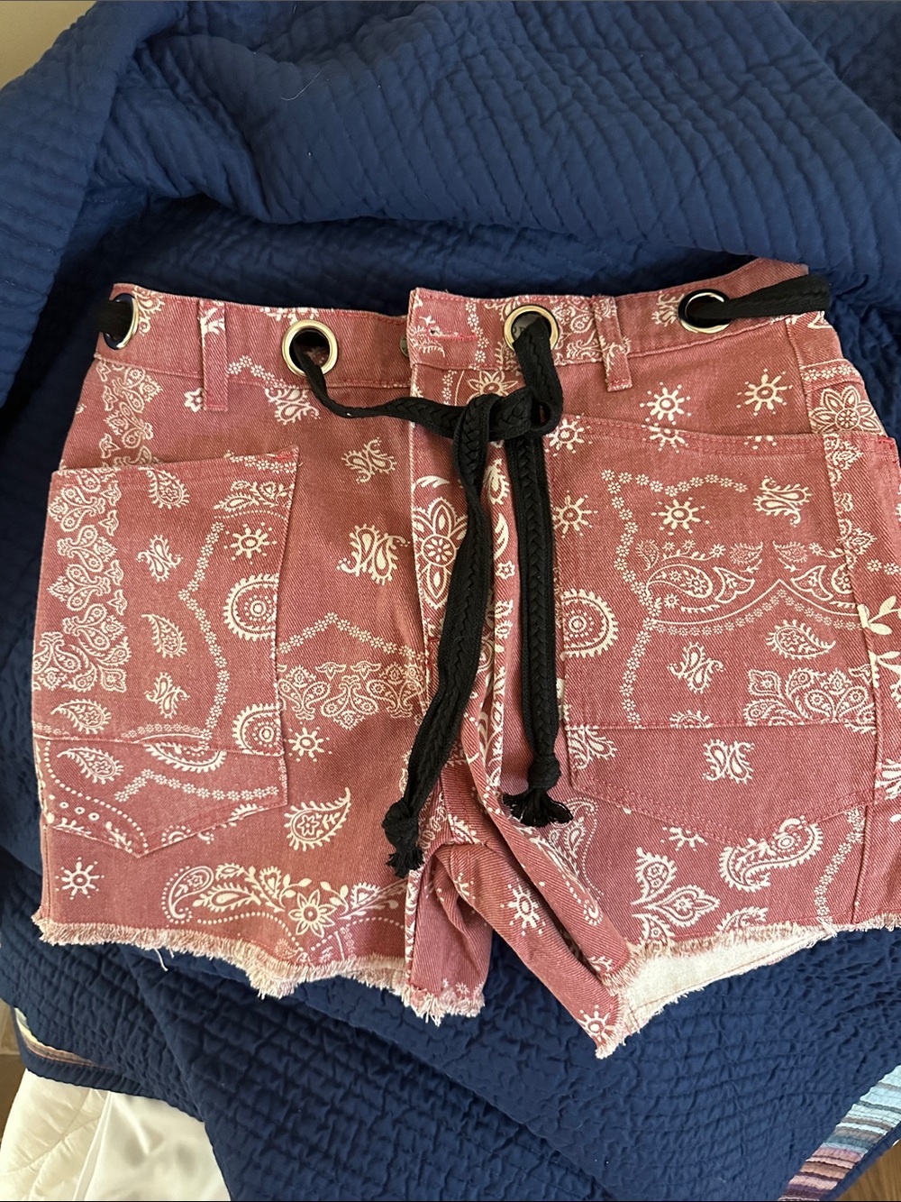Bandana Print Drawstring Jean Shorts in Dusty Rose
